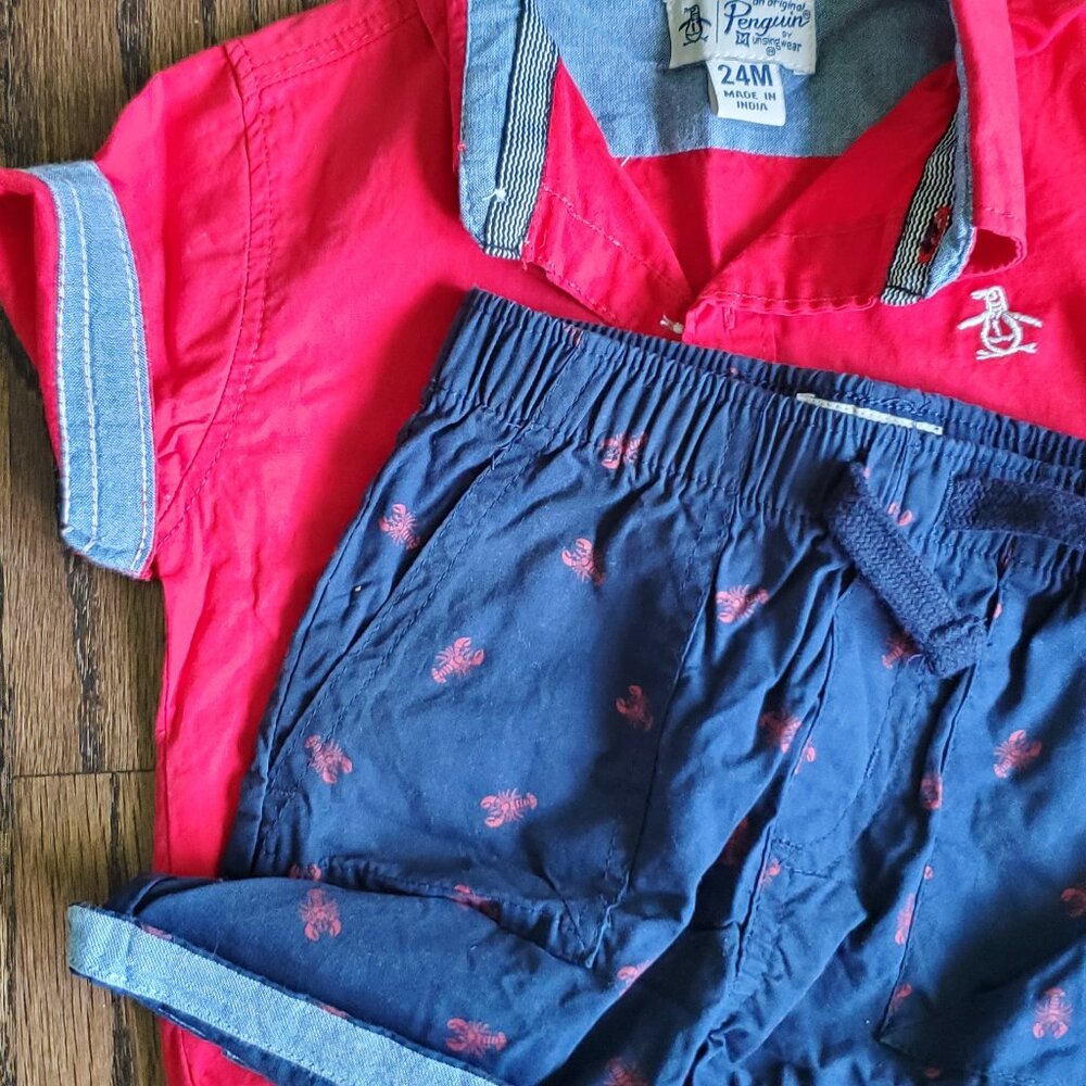 Adorable Baby Boy Outfit Set – Red Short Sleeve Button-Up & Navy Lobster Print